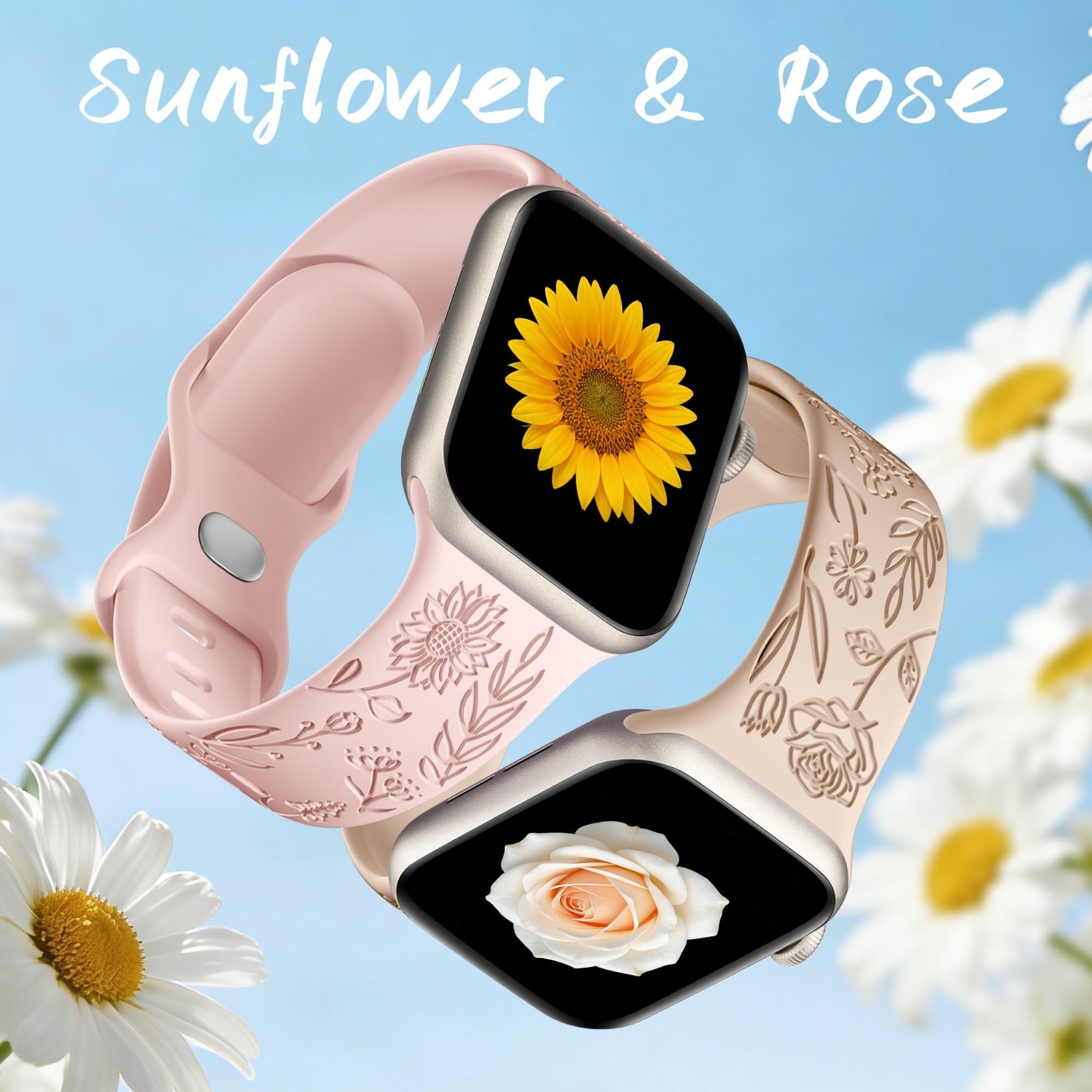 Floral Engraved Silicone Bands for Apple Watch 38mm-49mm, 6 Pack, Unisex Strap