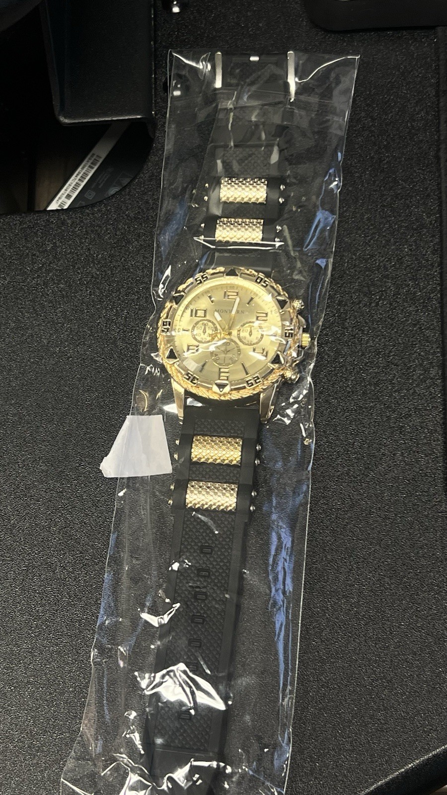 MONYORN Men’s Quartz Chronograph Analog Watch Gold Tone Case Black Rubber