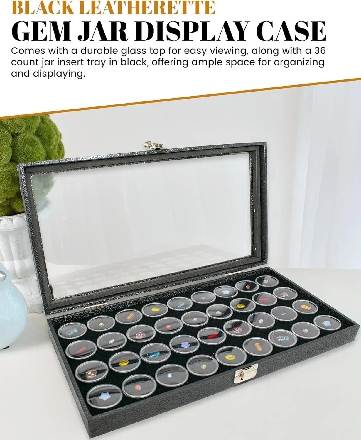 Novel Box Glass Top Black Jewelry Gemstone Display Case With Gem Jar Tray Insert