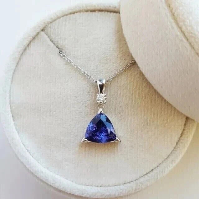 14K White Gold Plated 1.74Ct Trillion Lab-Created Tanzanite Solitaire Pendant