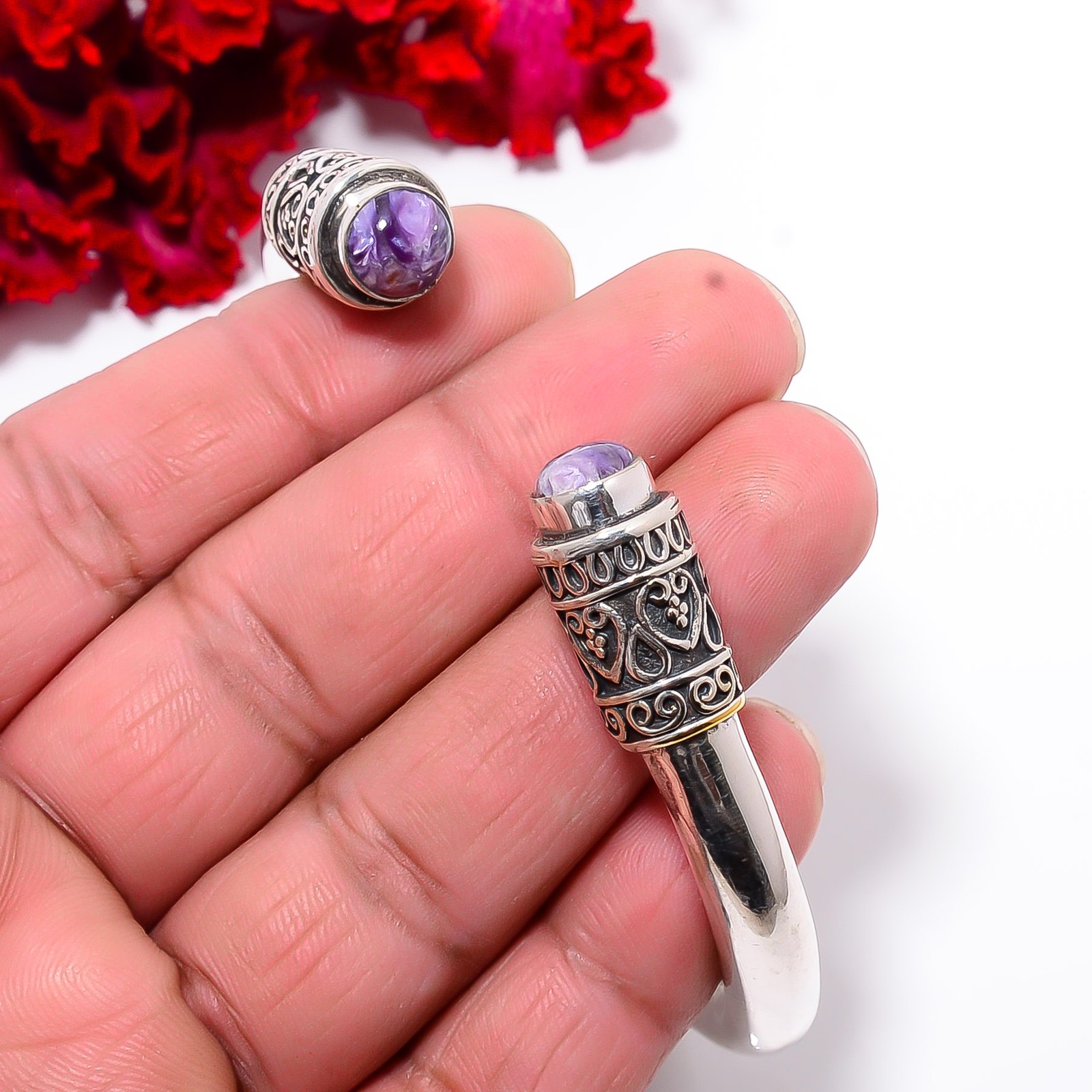 Purple Charoite – Siberia 925 Sterling Silver Bali Cuff|C1000394123