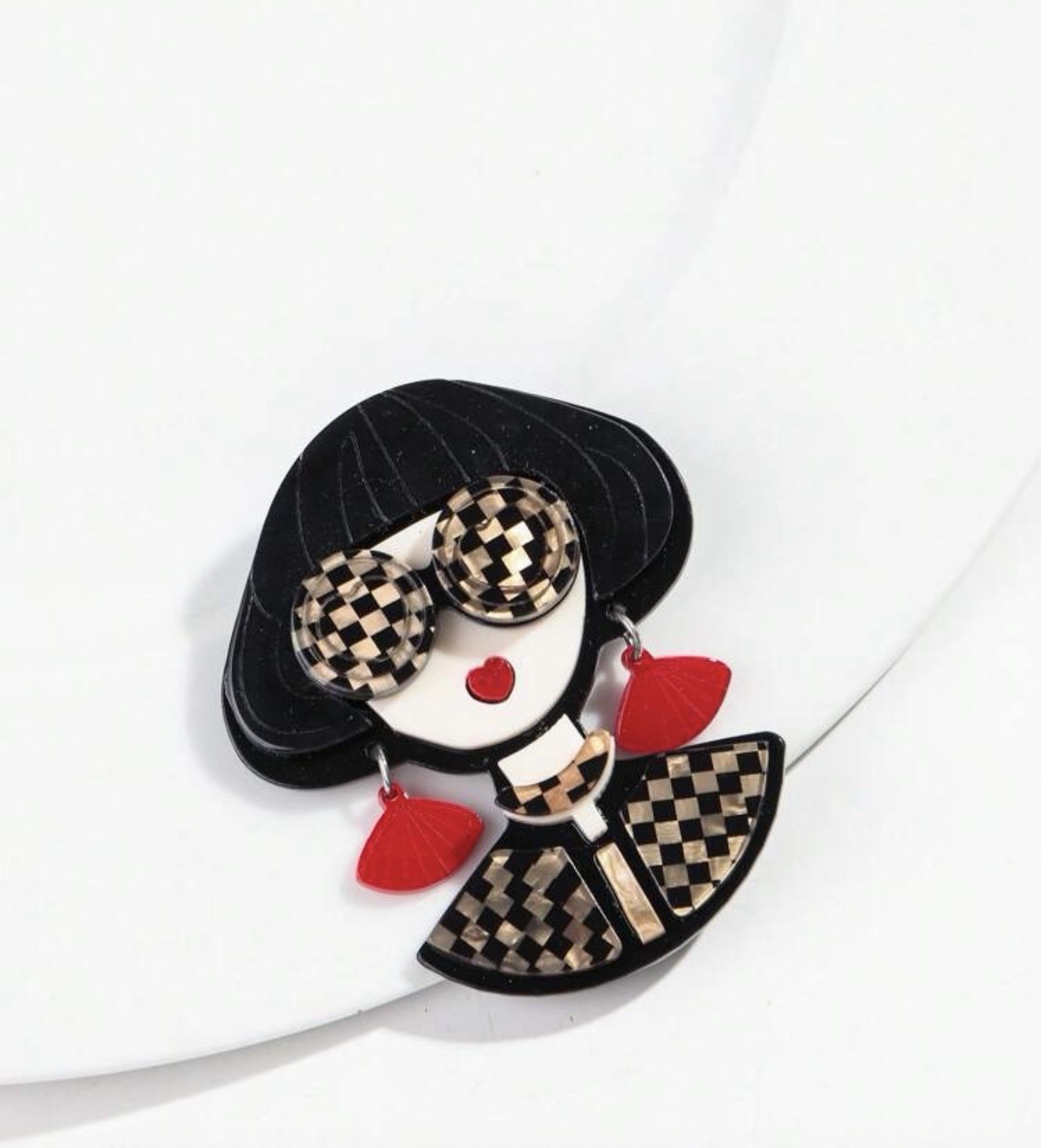 Resin Lady Brooch Black White Checkered Red Dangle Earrings Pin Vintage Style