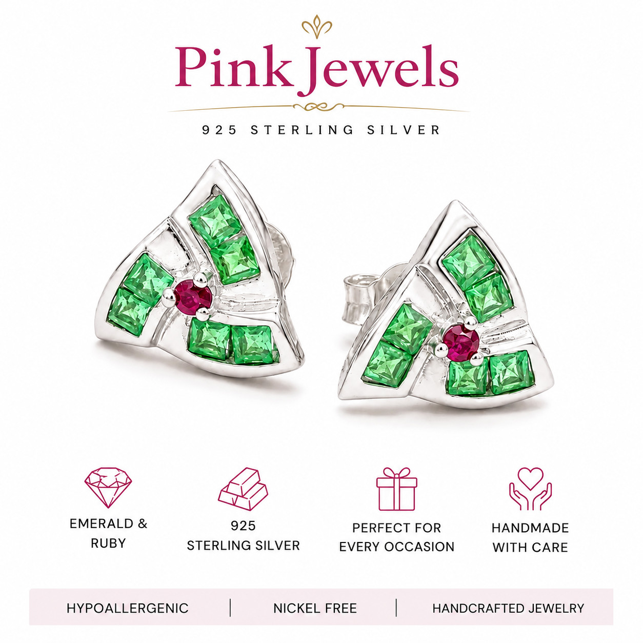 Natural Emerald & Ruby Stud Earrings 925 Silver Geometric May Birthstone Gift