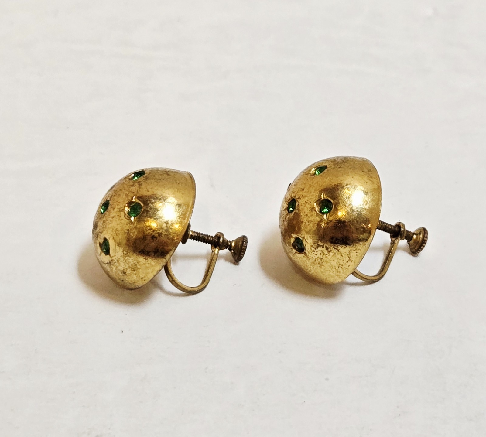 Vintage Signed CORO Fur Clip Duette Green Rhinestone Gold Tone Dome Earrings