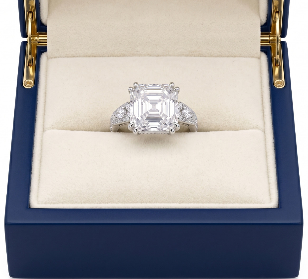 RARE 8.60 Ct Certified Asscher Cut White Natural Diamond Ring White Gold Finish