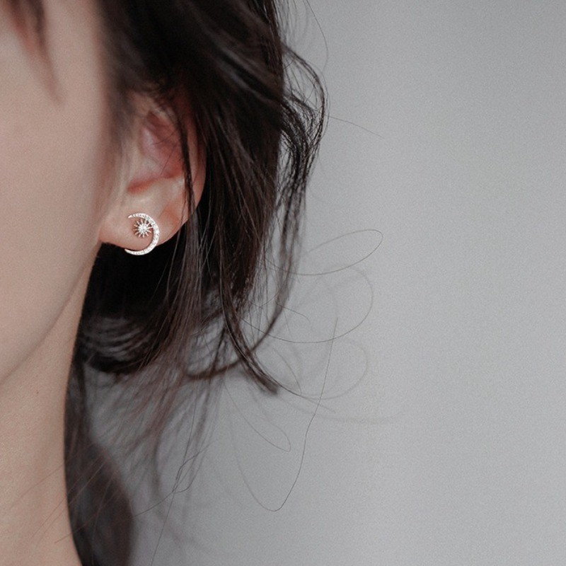 Women’s Elegant Asymmetrical Star Moon Ear Studs Rhinestones Copper Earrings