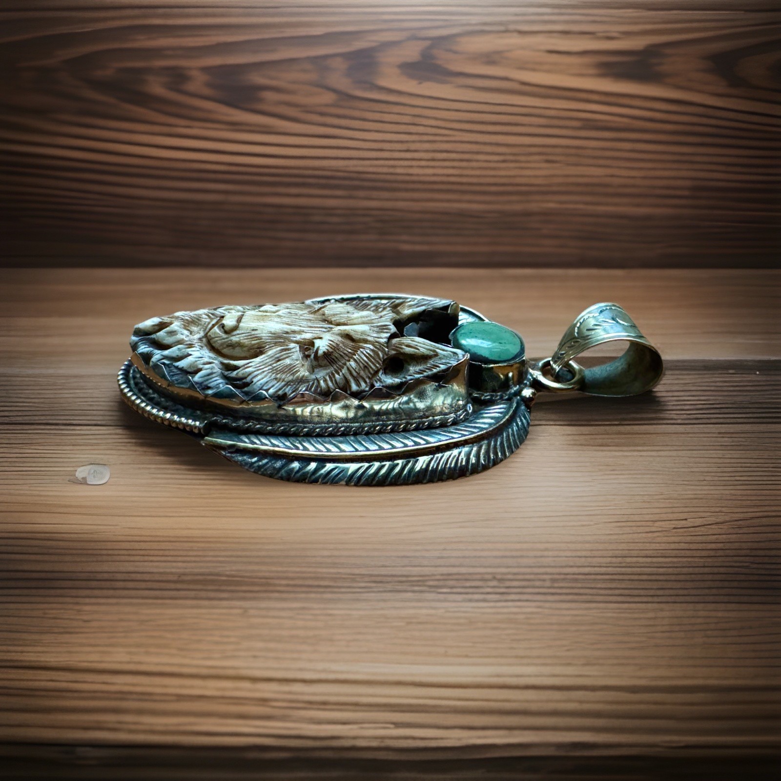 Hand Carved Bone Pendant,Wolf Art,Auspicious Floral Carving,Turquoise & Silver