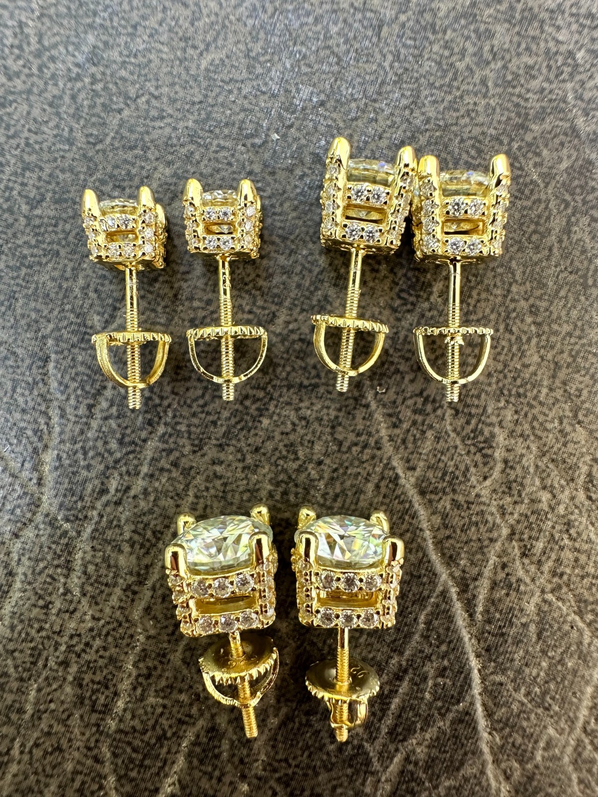 Moissanite 3D Iced Solitaire Screwback Stud Earrings Real 14k Gold Plated Silver
