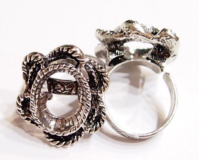 4 -18x13mm Antique Silver Victorian Twisted Rope Floral Adjustable Ring Setting