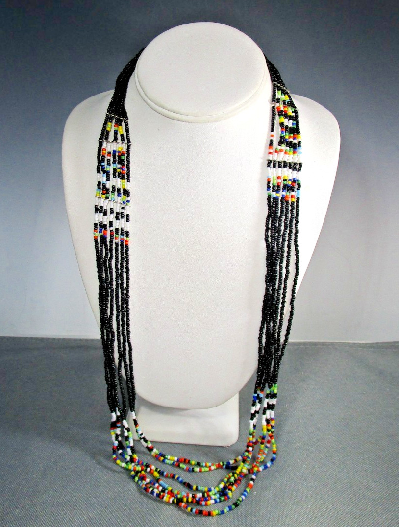 Southwestern 7 Stand Micro Multi Color Black Seed Bead Boho Necklace 28″