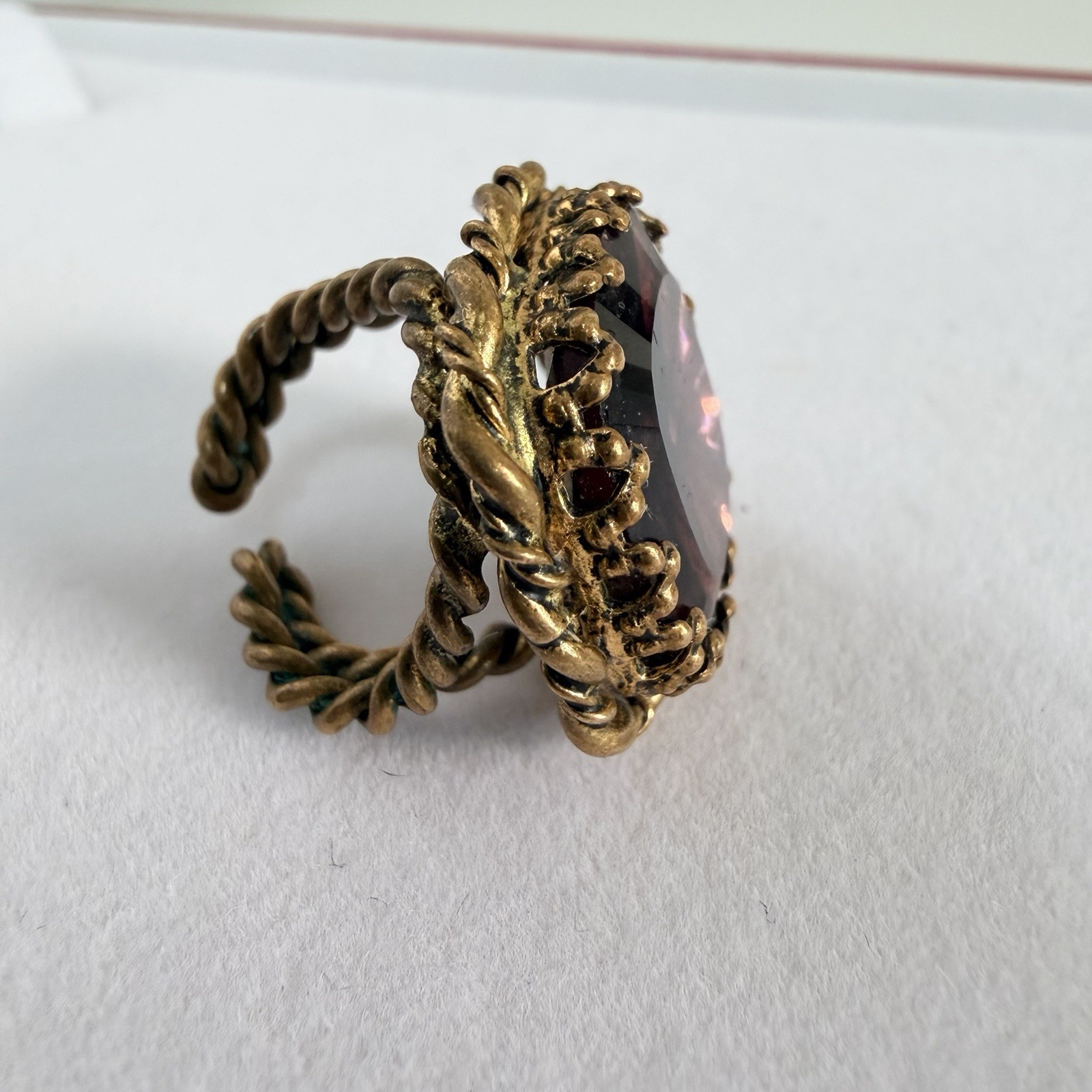 VTG West Germany Purple Porphyry Slag Glass Twisted Brass Shank Adjustable Ring