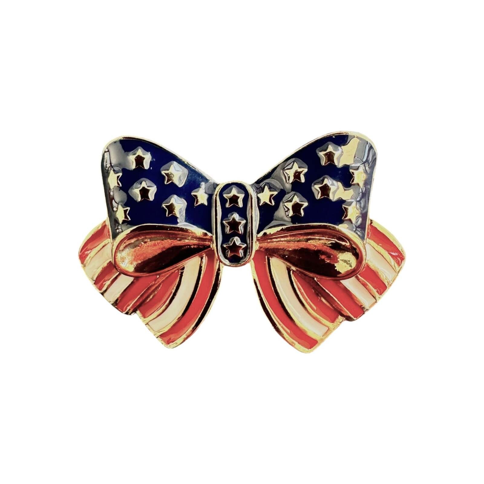 Vintage Stars and Stripes Bow Brooch Gold Tone Enamel Patriotic Flag Jewelry