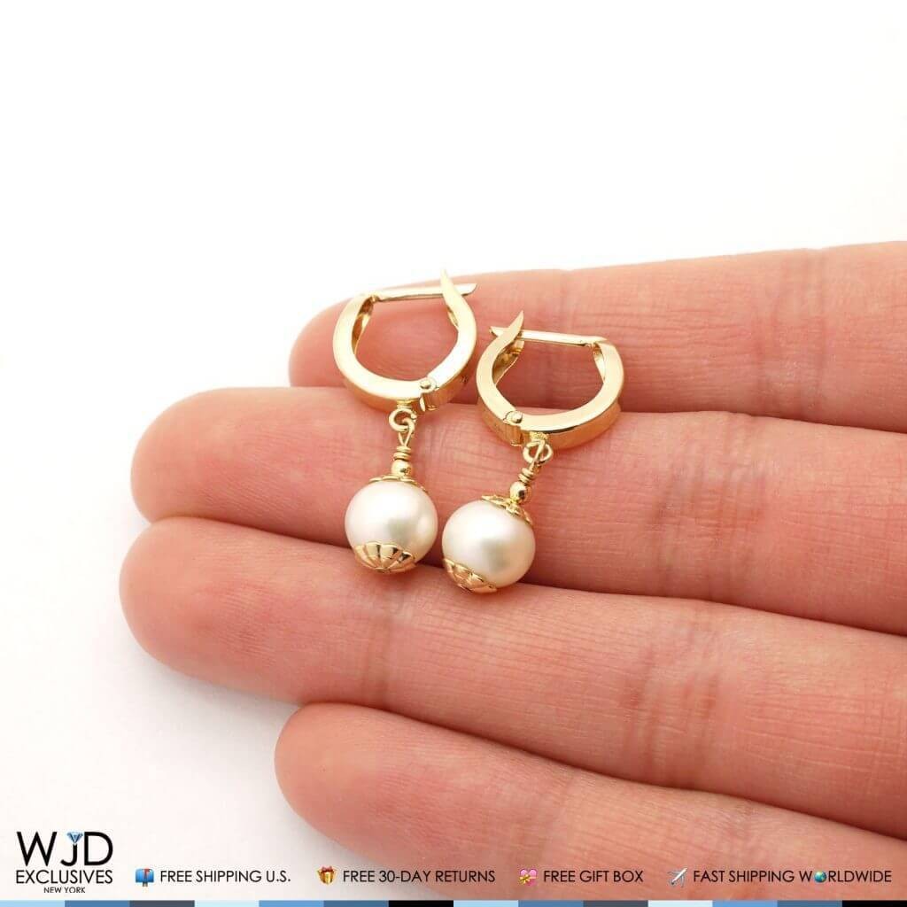 14K Solid Yellow Gold Freshwater Pearl Latch Dangle Earrings