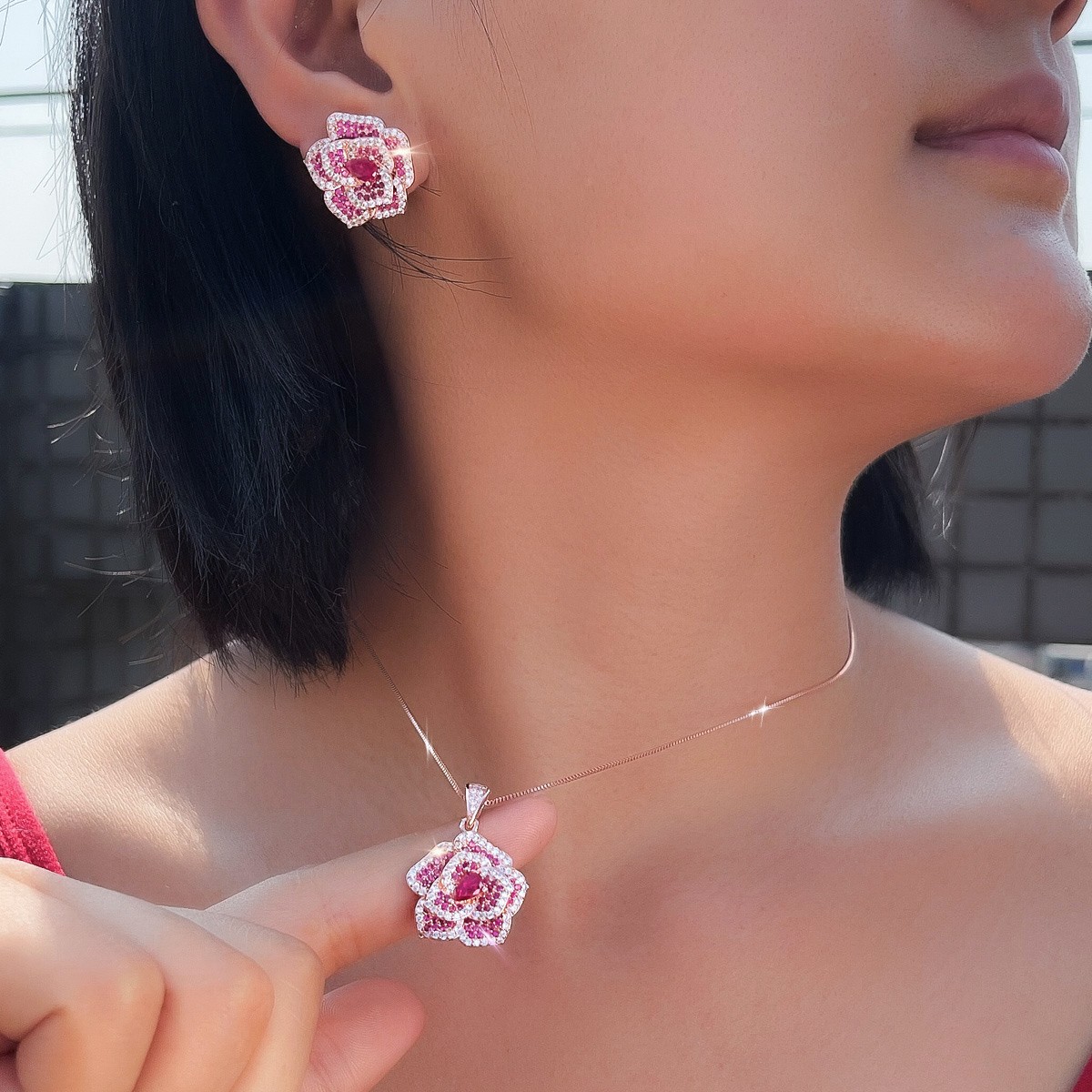 Rose Gold Plated Rose Red Flower Earring and Pendant Necklace Zircon Jewelry Set