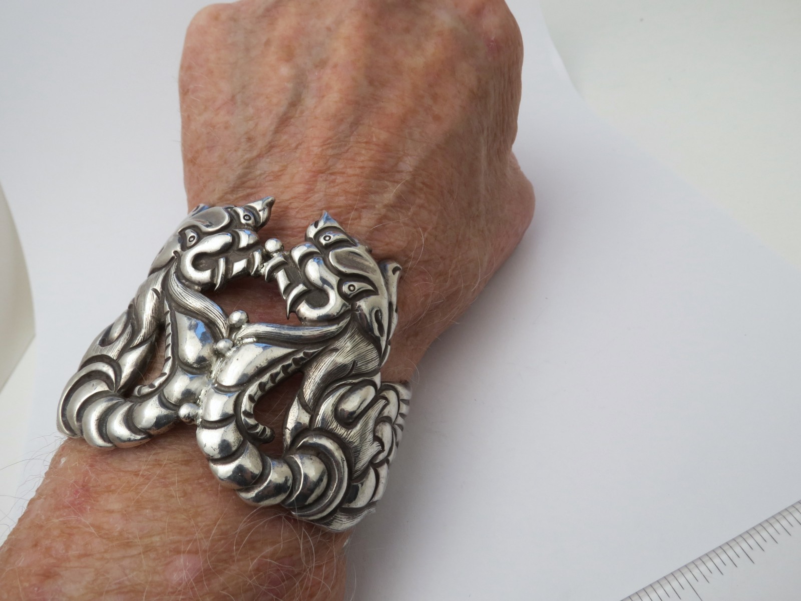 Los Castillo # 291 sterling silver cuff bracelet double dragon griffin Mexican