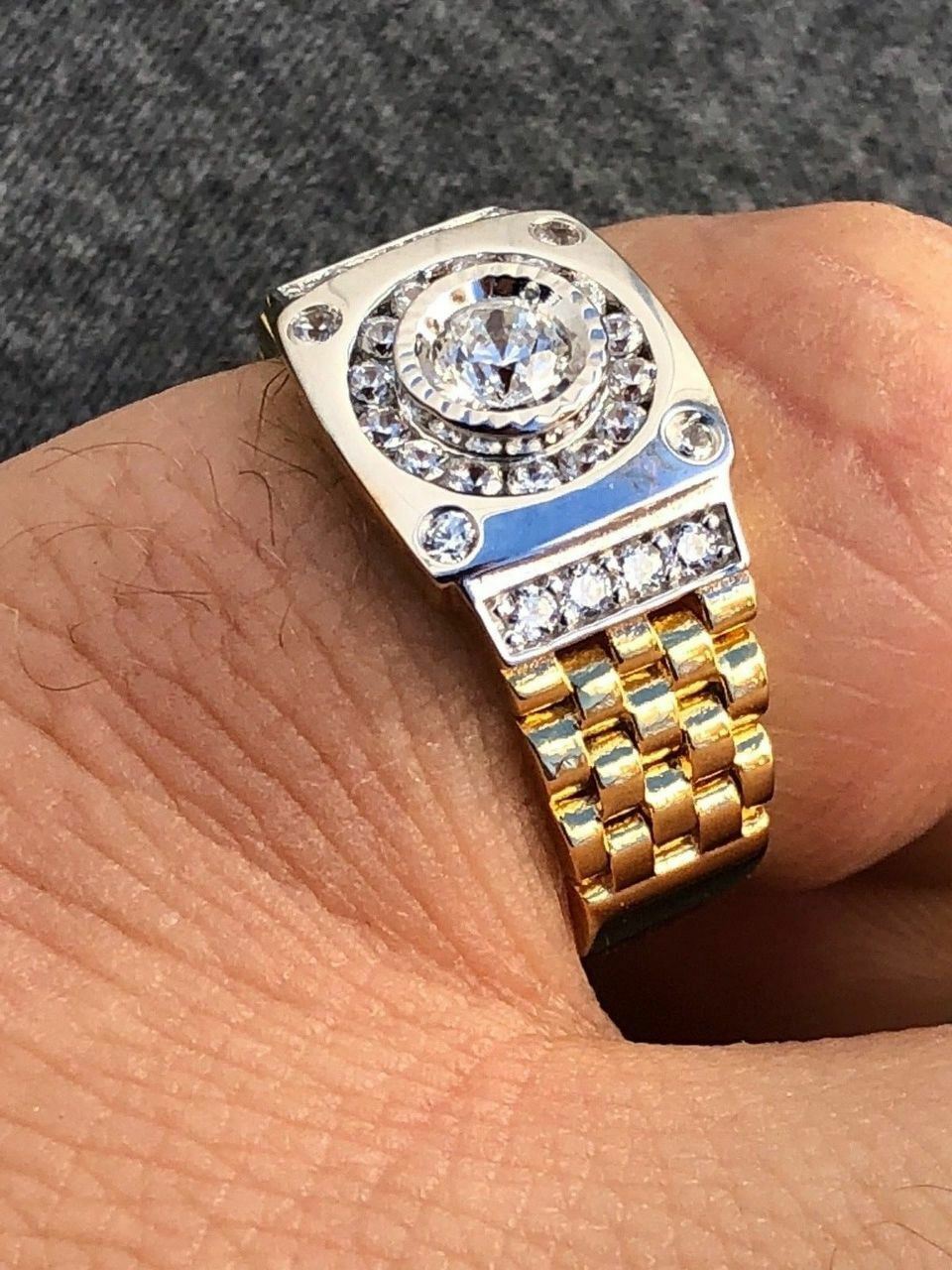 10k Gold Plated Solid 925 Sterling Silver Presidential Watch Band Ring Pinky CZ