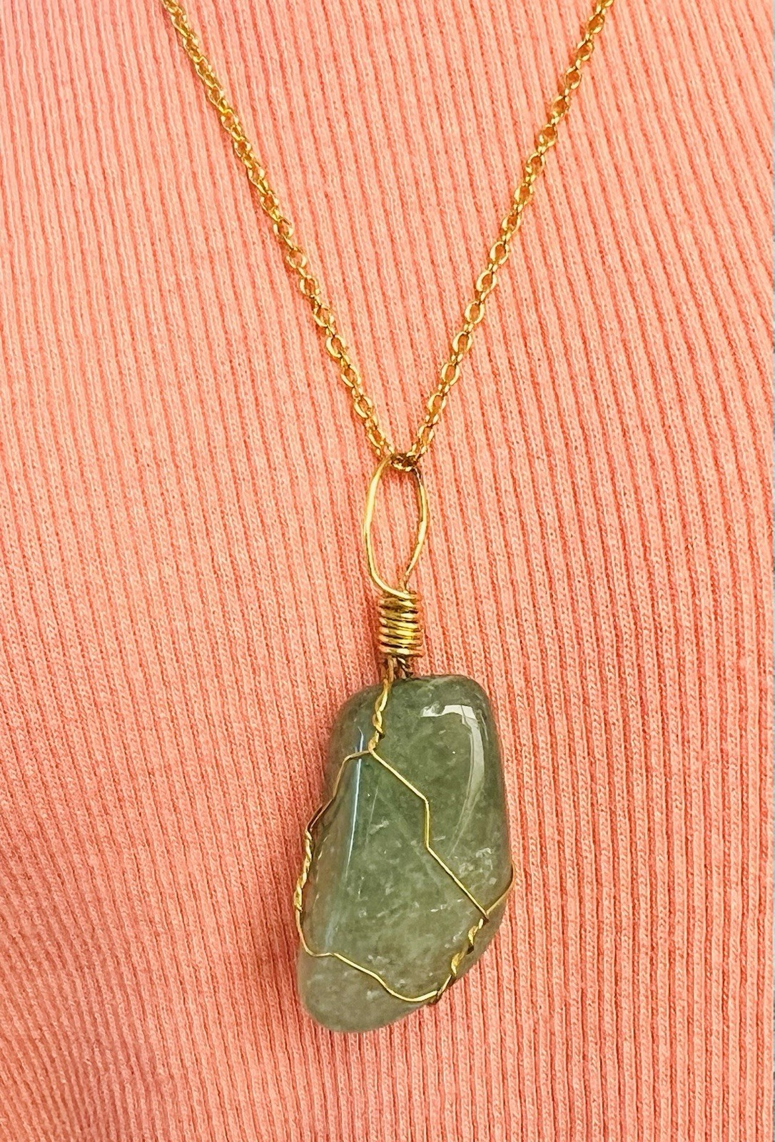 Handcrafted Green Stone Baroque Pendant Necklace, Gold Wire Wrapped, Cable Chain