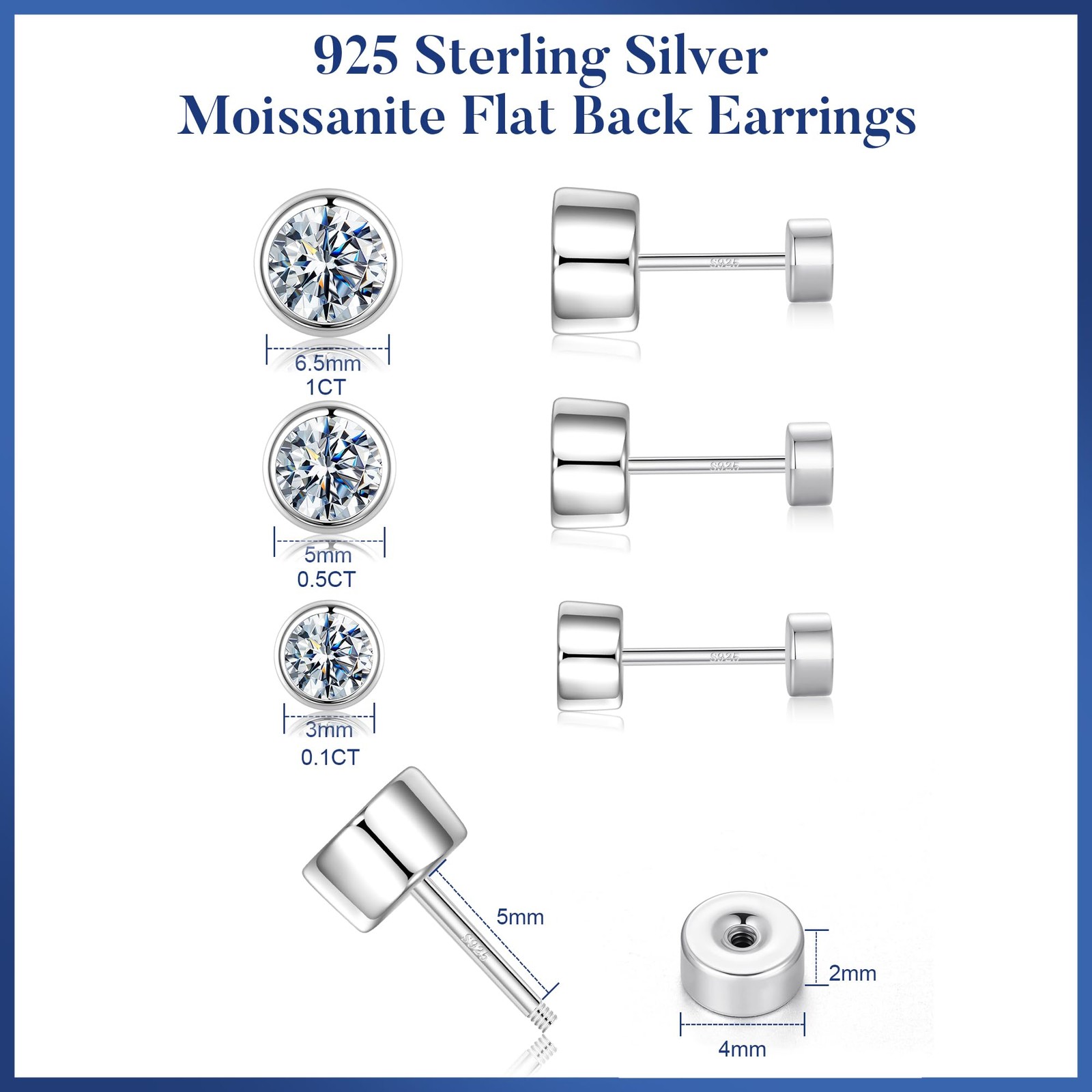 0.2-2ct Moissanite Flat Back Earrings, 925 Sterling Silver Lab Created Moissa…