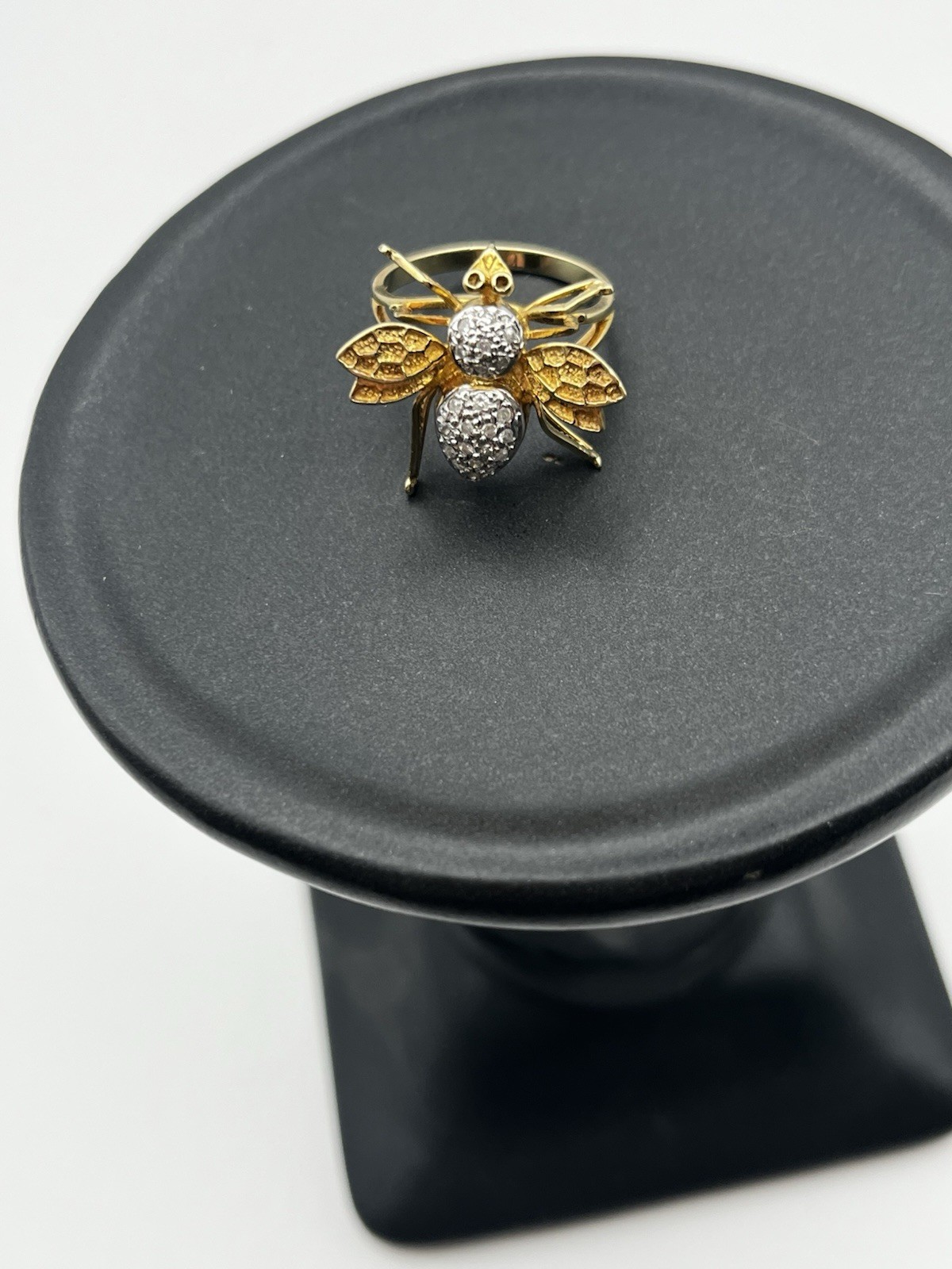 14K Yellow Gold Diamond Bee Ring Size 6.5, Diamond Body and Thorax, Circa 1849