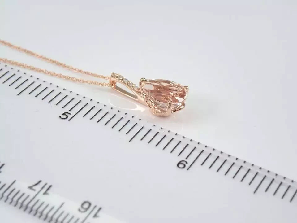 2Ct Pear Cut Morganite Diamond Solitaire Pendant 14K Rose Gold Finish Free Chain