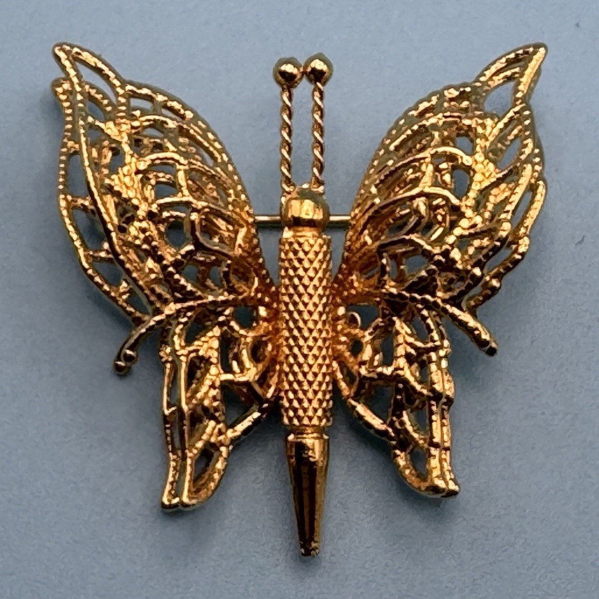 Vintage Monet Signed Gold Tone Butterfly Brooch Pin 3D Filigree Double Wing