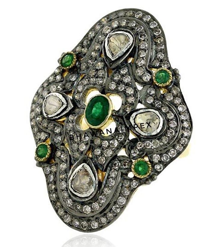 Natural Pave Diamond Polki And Emerald Rings Jewelry 925 Sterling Silver Jewelry