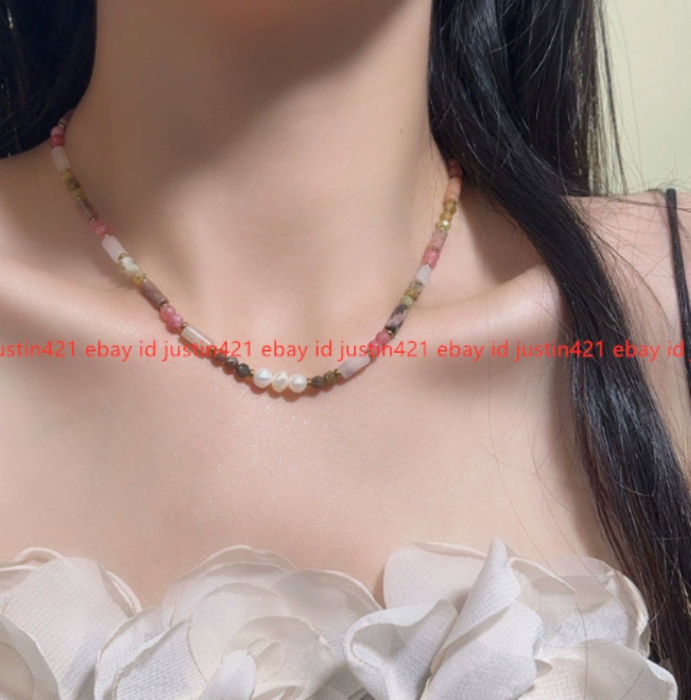 Natural Pearl Splicing Pink Strawberry Crystal Fresh and Sweet Necklace 41cm+6cm