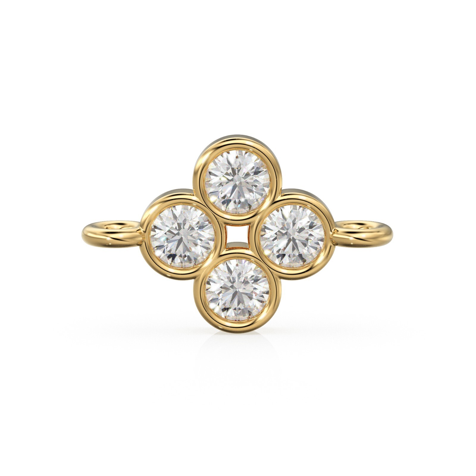 18K Solid Gold Diamond Clover Connector Bezel Set Quad Link Spacer Finding
