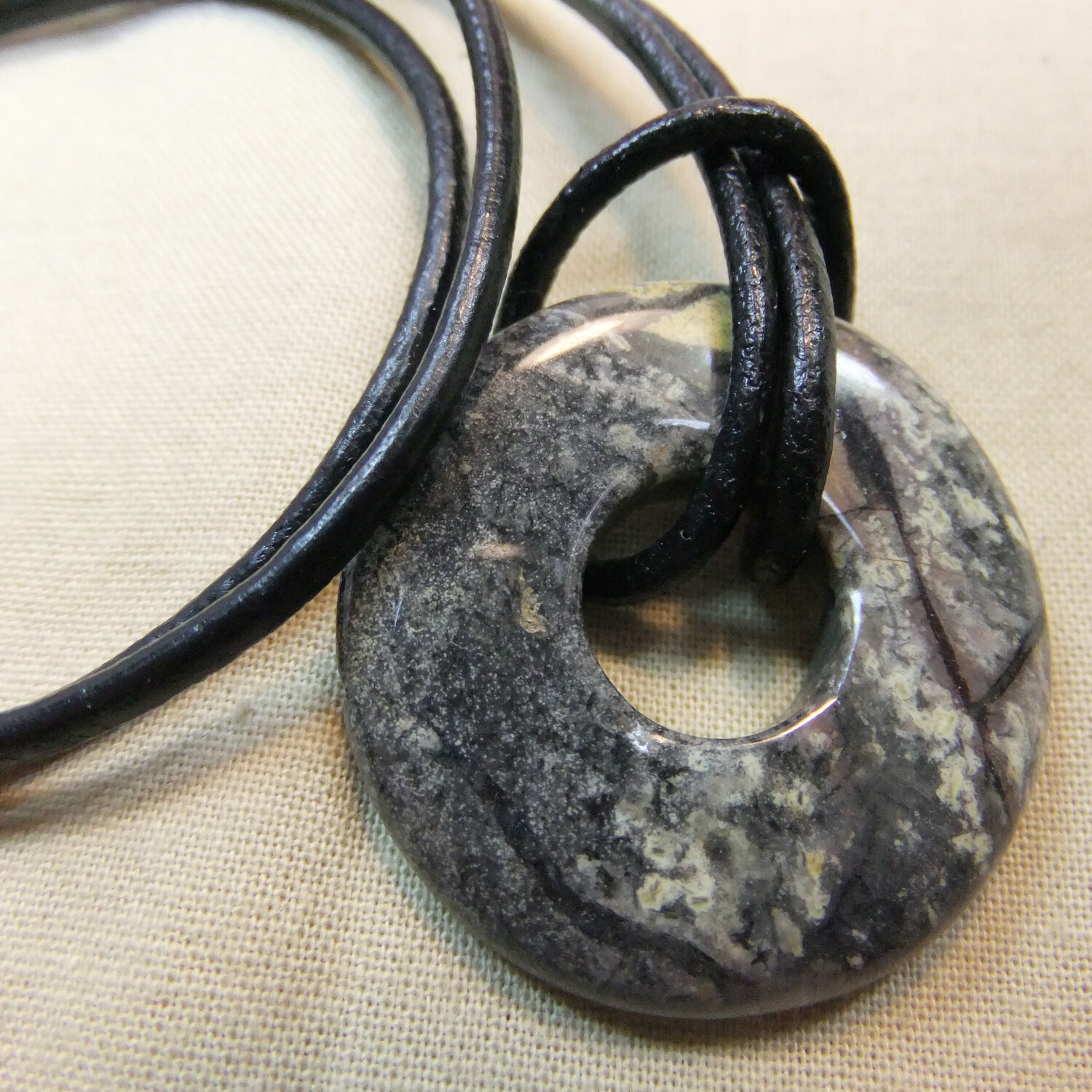 Black Gray Yellow Jasper Small 1 1/8″ Stone Donut Leather Cord Necklace NEW #64