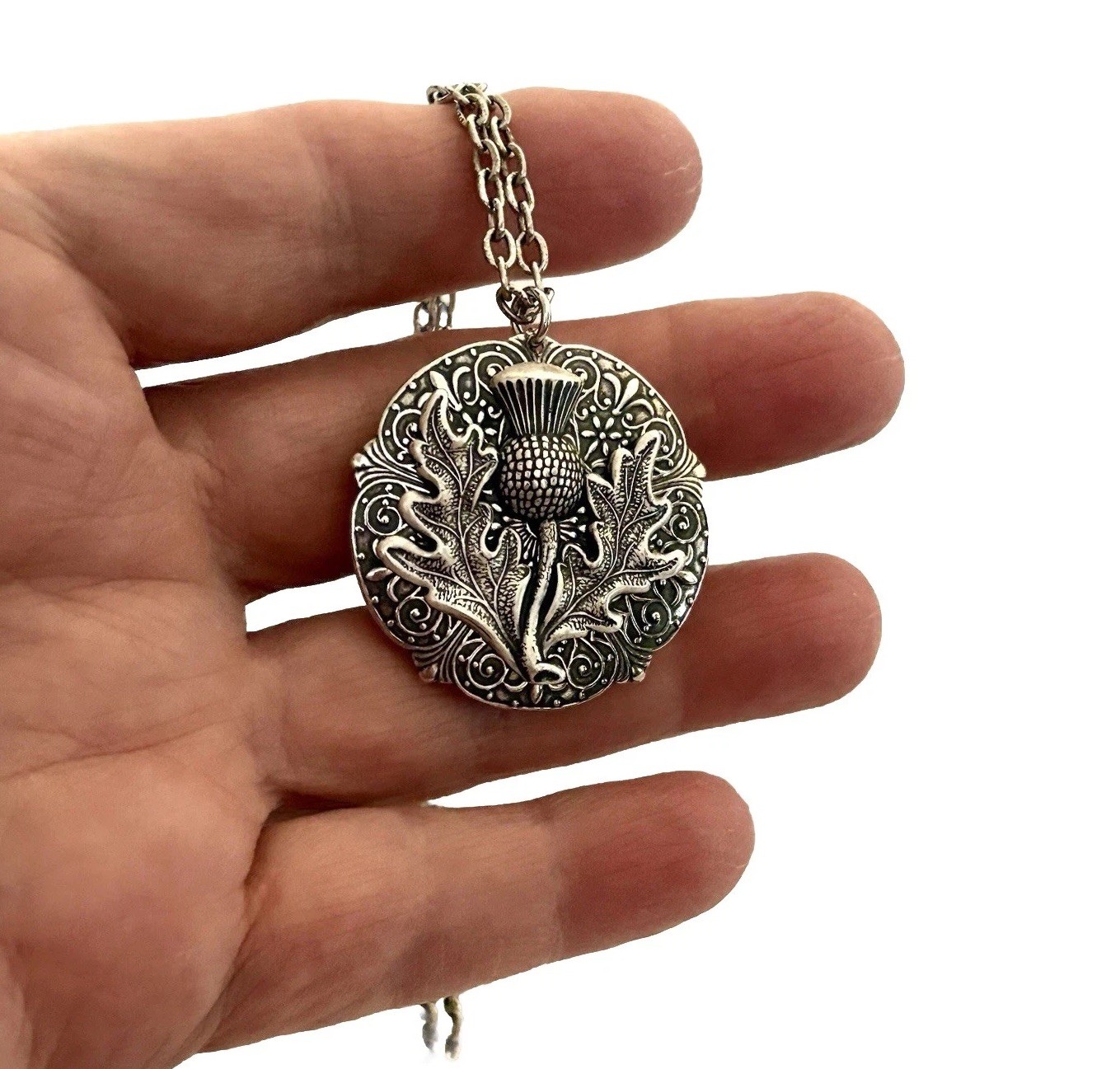 Thistle Hidden Locket Necklace, Silver Celtic Vintage Pillbox Stash Box Pendant