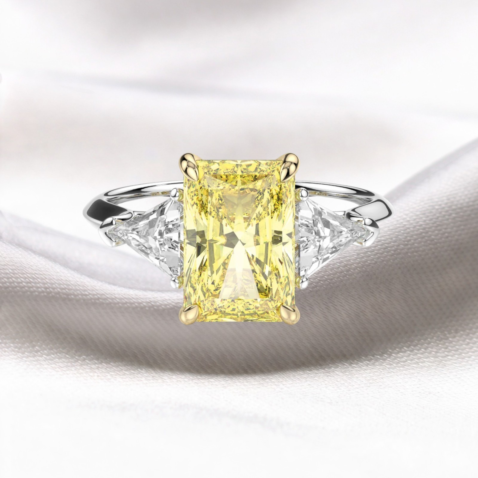 Diamond Ring Fancy Vivid Yellow 5.00 Ct Radiant Cut IGI Lab Grown 18k Multi Gold