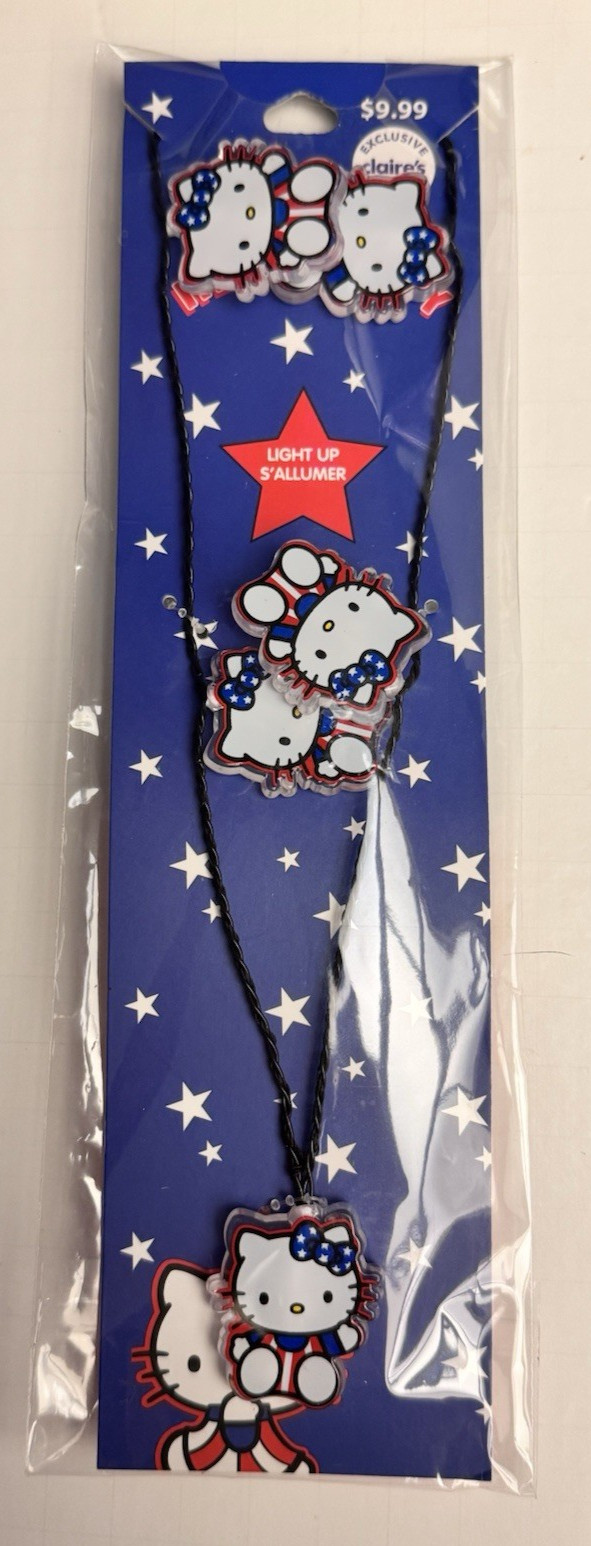 Claire’s Hello Kitty Patriotic 4 JULY Light Up Necklace Overhead Long NEW SEALED