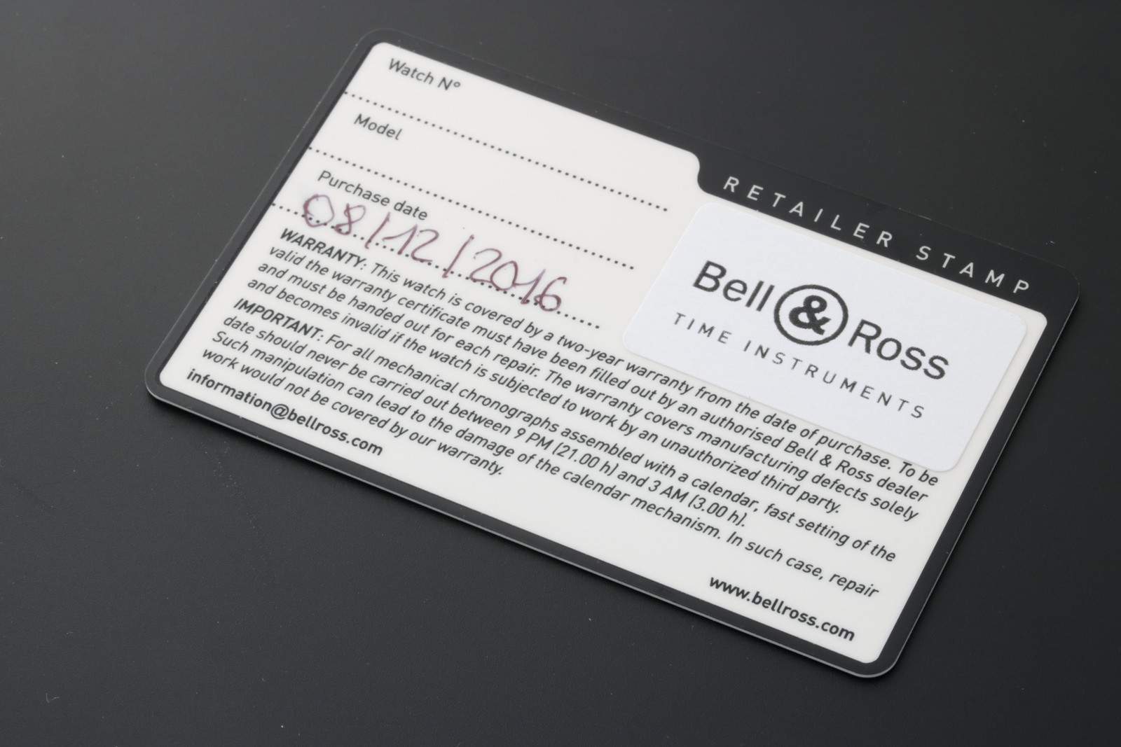 GENUINE Bell & Ross Open Warranty Card OEM With Retailer Stamp & Date Guarantee