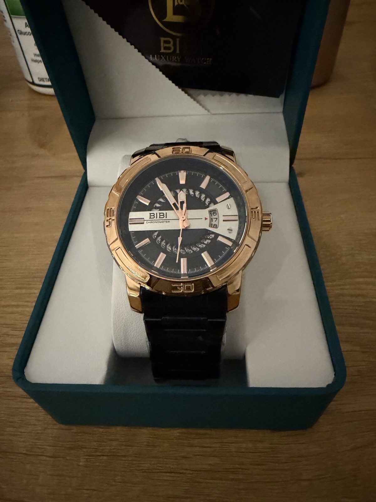 BIBI Chronometer Quartz Date Black Dial Rose Gold Case Black Metal Bracelet Box
