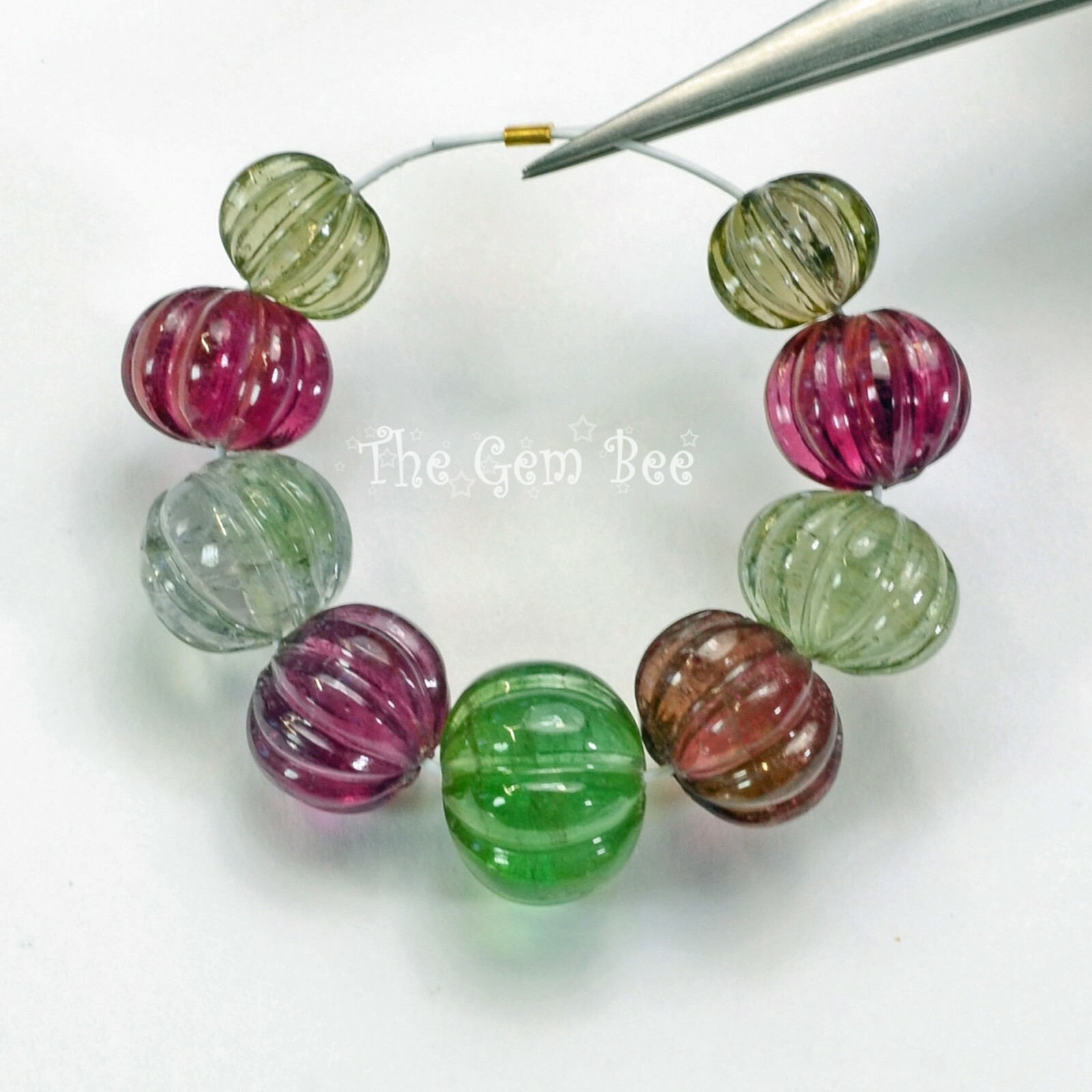 7.6mm-10.8mm Fine Candy Tourmaline Carved Melon Fluted Bead 2.6″ Strand (9)