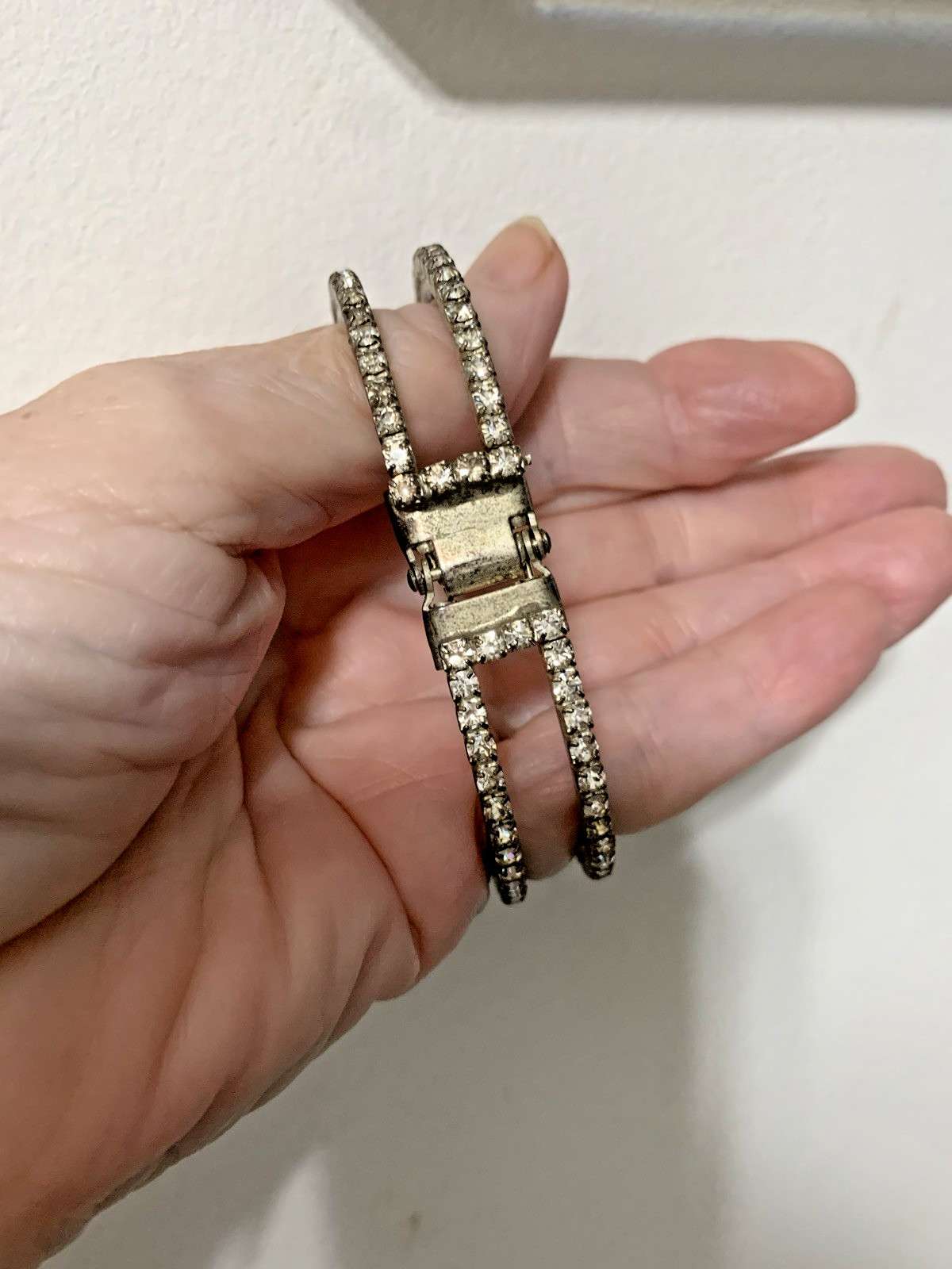 Vintage Encrusted Prong Set Rhinestones,Bangle Bracelet,Silver-tone & Hinged, 8”
