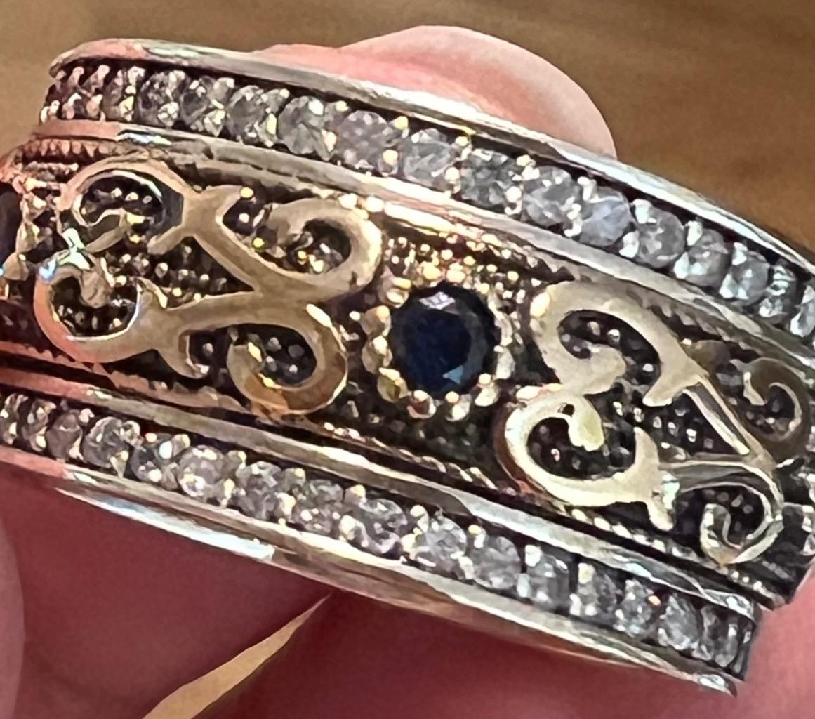 REAL Diamond Blue Sapphire BAND SOLID 14K Y Gold 925 Ring SZ 10 1/4 Etruscan Rev