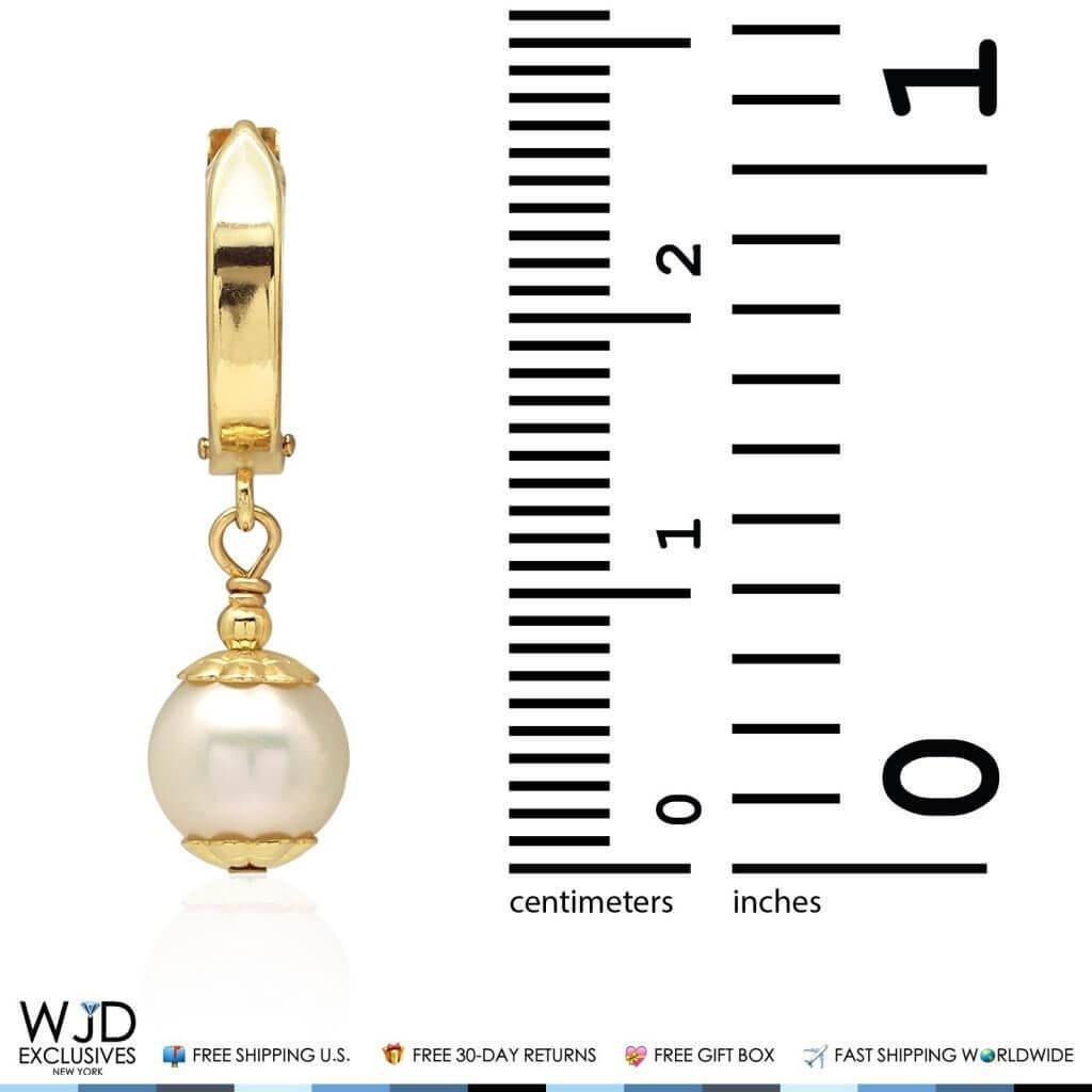 14K Solid Yellow Gold Freshwater Pearl Latch Dangle Earrings