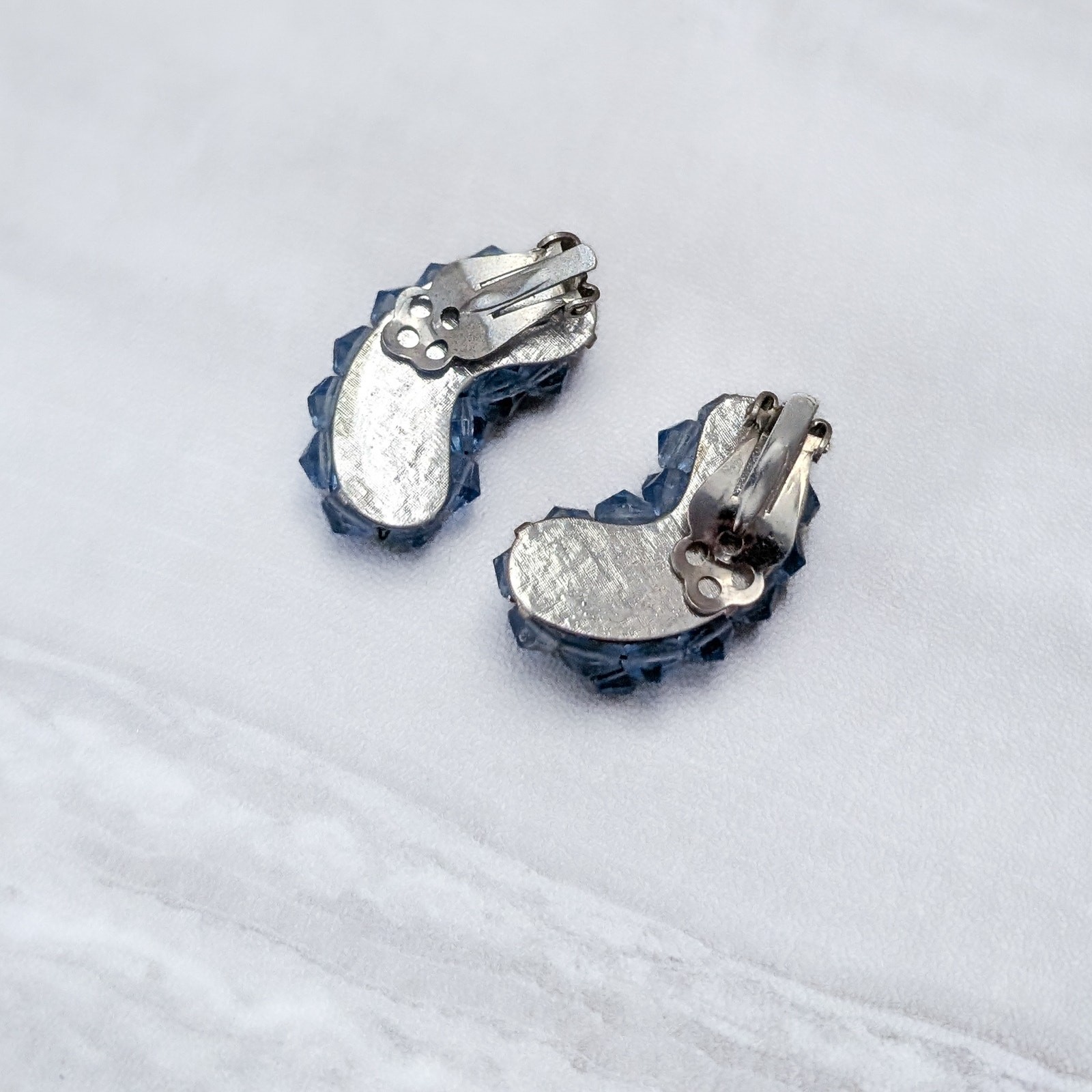 Vintage Clip On Earrings Kidney Bean Shape Large Blue Beaded Statement 1 & 3/8″