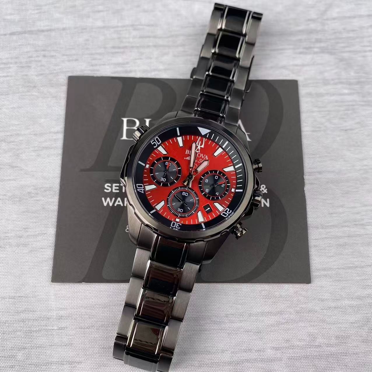 New Bulova Marine Star Men’s Chronograph Quartz Watch Red Dial 98B350 43 mm