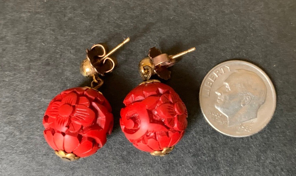 Vintage Cinnabar Necklace, Bangle and Earring Set