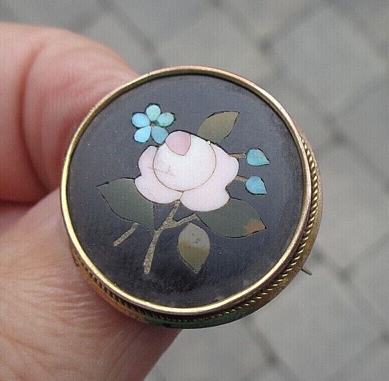 Pietra Dura Gold Brooch Victorian 9ct Antique gold Mosaic Floral c1880s