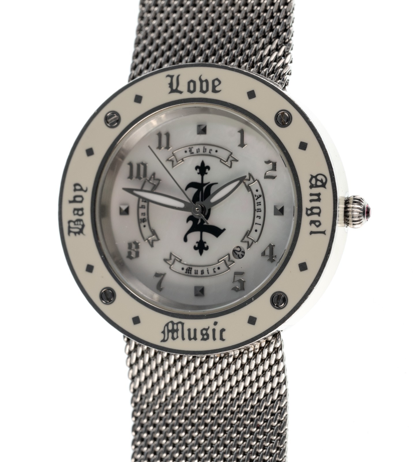 L.A.M.B. Gwen Stefani Watch LBD_3850110 Silver Mesh Mother of Pearl New Battery