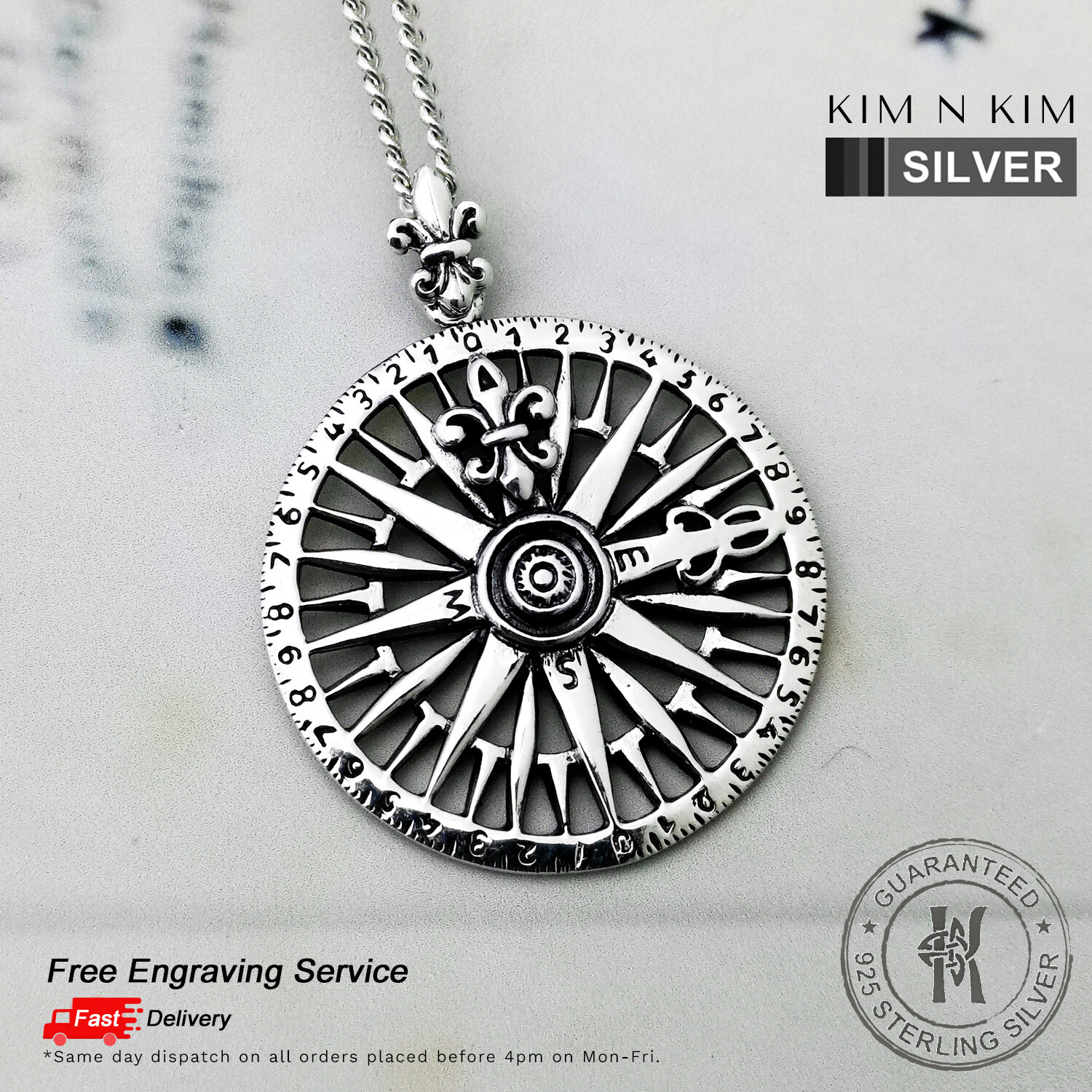 Fleur De Lys Nautical Compass Pendant Necklace✔️Free Engraving✔️Solid 925 Silver