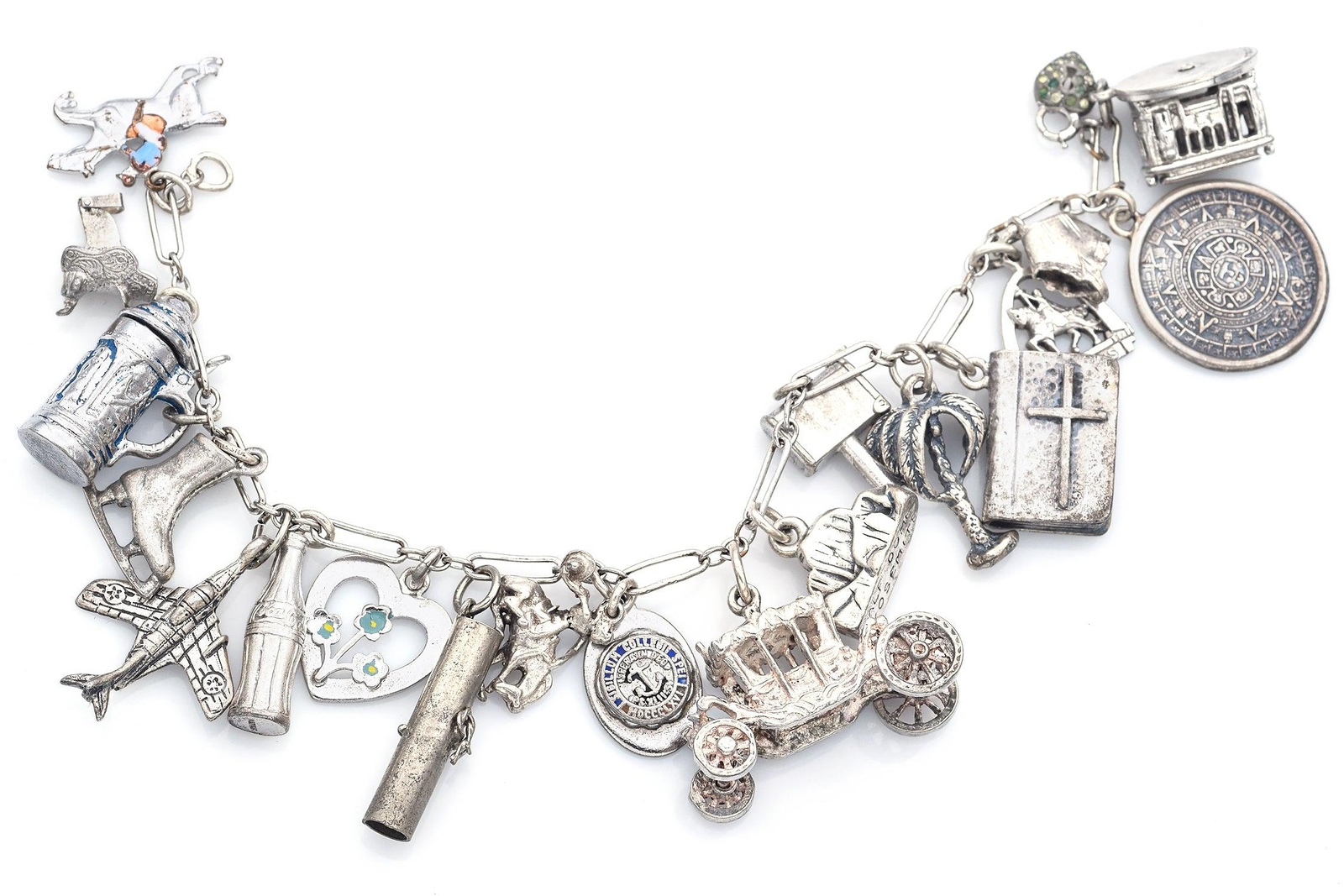 Beau Gothic Kinney Wells Sterling Silver Airplane Equestrian 19 Charms Bracelet