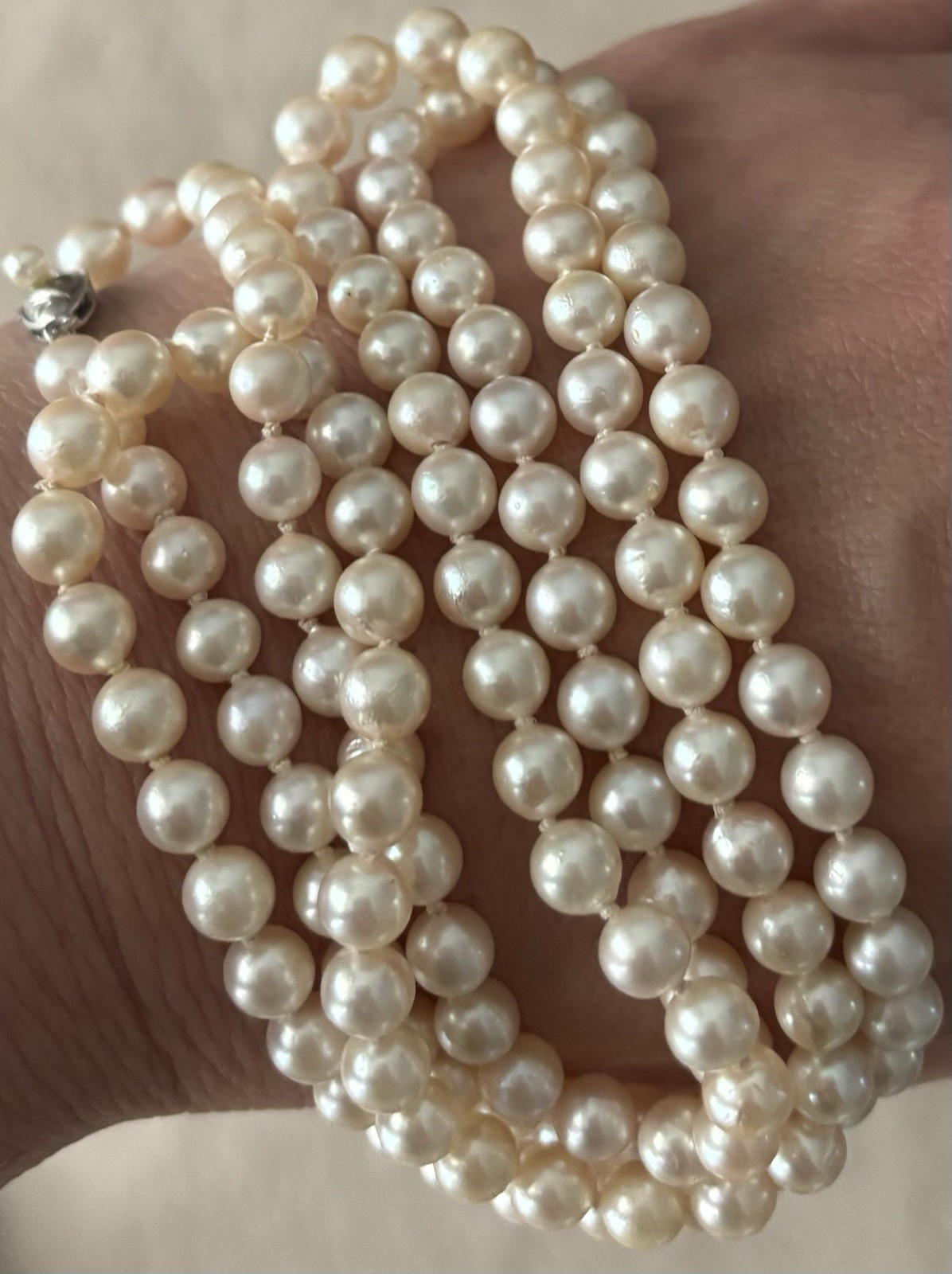 Vintage Akoya Pearl Necklace Silver Clasp 6mm 35” Opera Length Creamy Hue