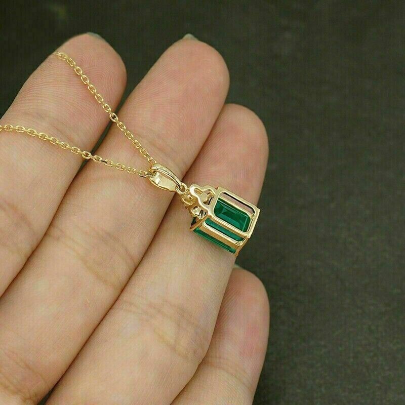 3.2Ct Emerald Lab Created Emerald Pendant 14k Yellow Gold Plated 18” Free Chain