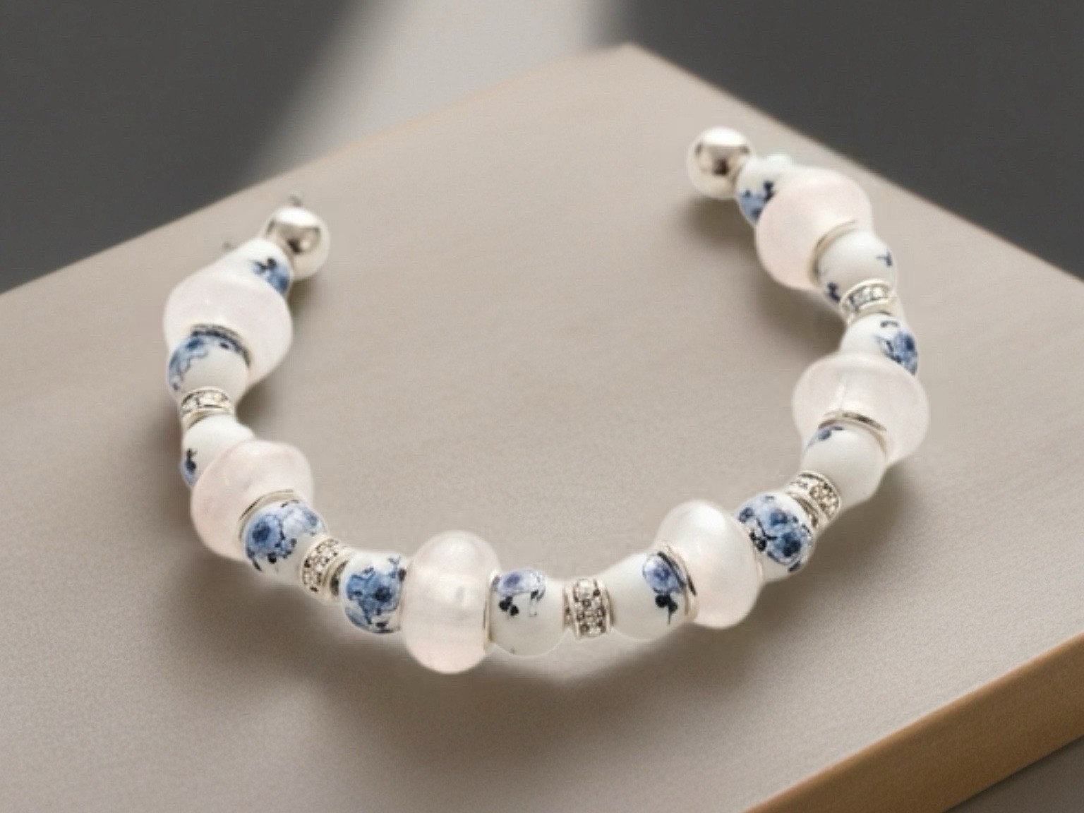 White Blue & Silver Beaded Stretch Bracelet, Stackable Round Ceramic & Metal