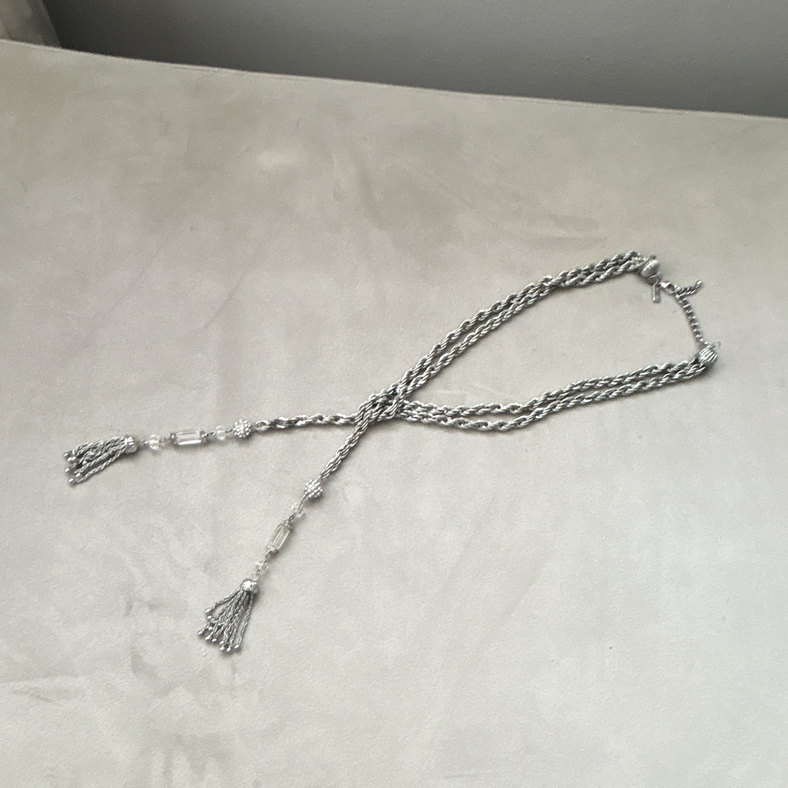 Silver Tone Rope Chain Lariat Necklace Tassel Pendant Adjustable Lobster