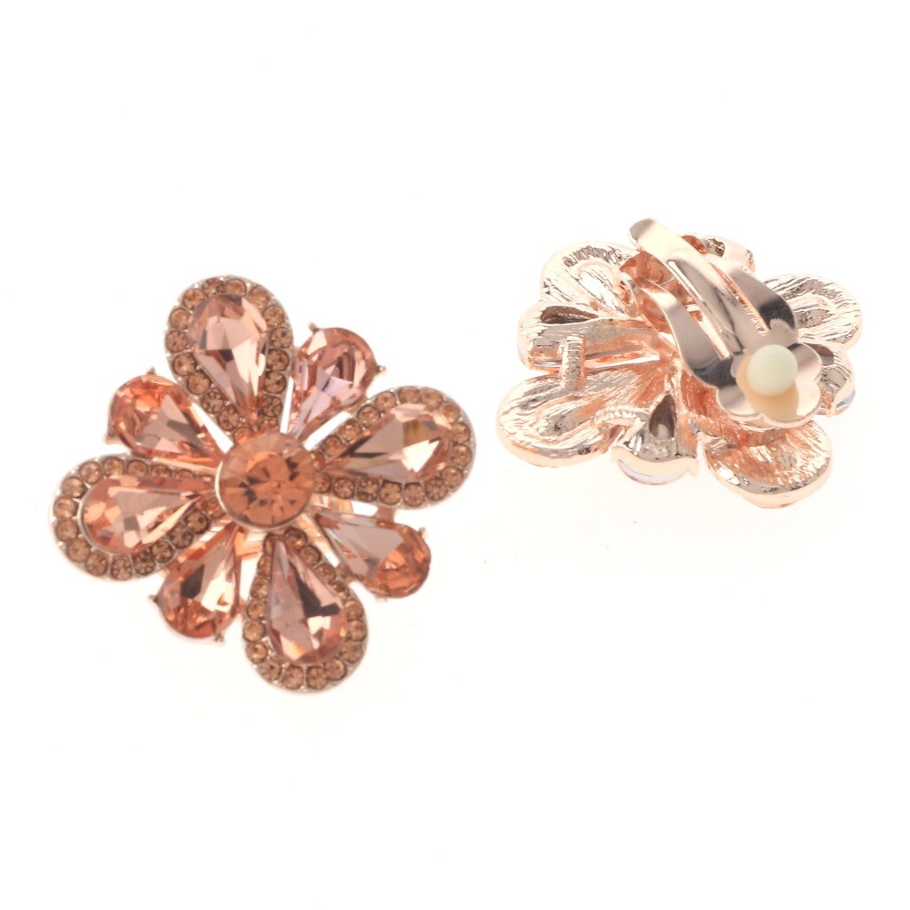 Rose Gold Tone Metal Crystal Clip-On Flower Earrings E6570-RGPEA